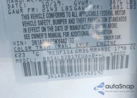 2019 Nissan Sentra Sv from USA, damaged, VIN 3N1AB7AP5KY442190